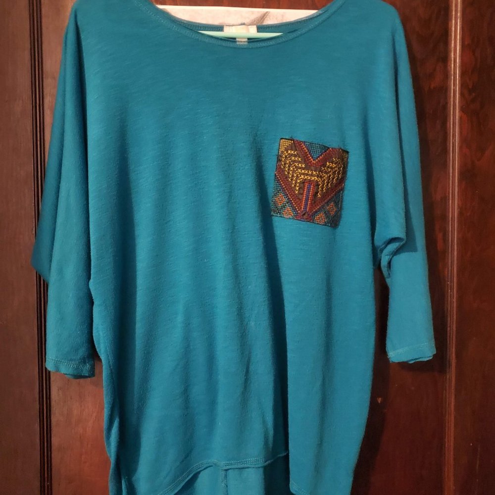 Charming Charlies Blue Blouse with Colorful Pocket